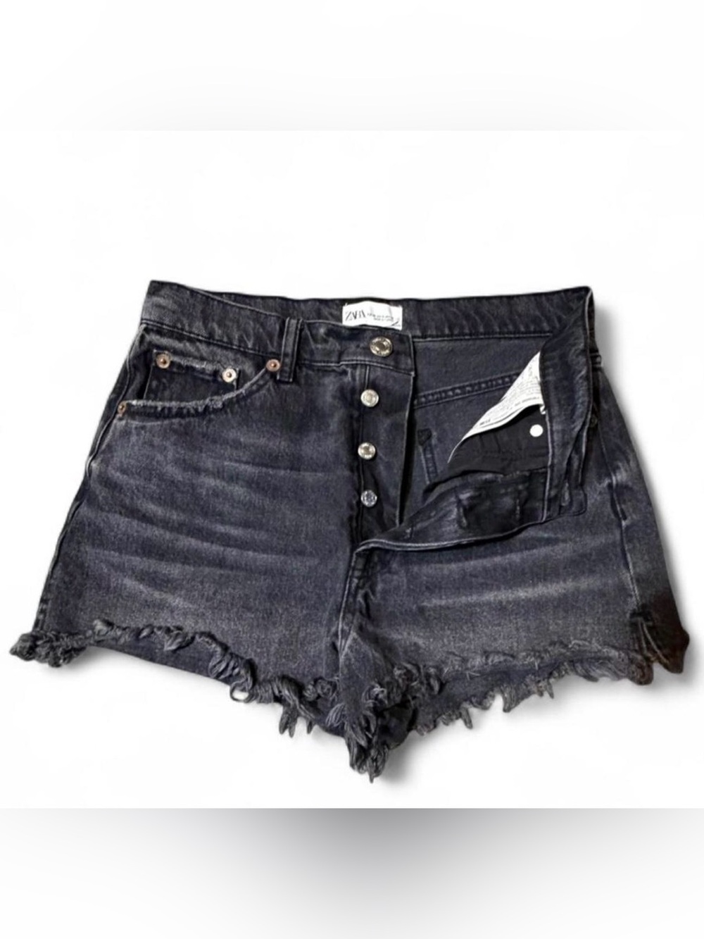 Zara Black Distressed Button Fly Denim Shorts Sz 6 Festival Moto Whimsigoth